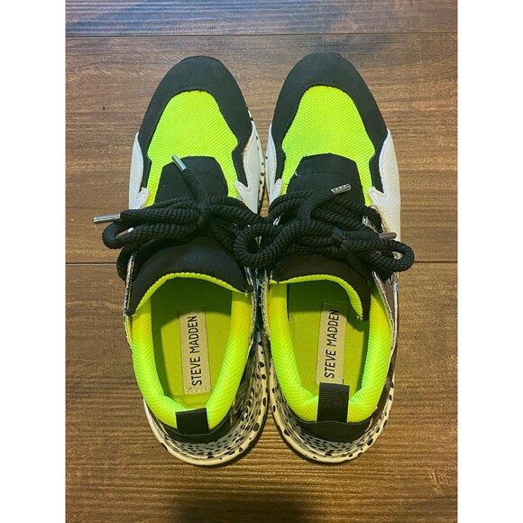 Steve Madden Cliff Platform Heel Sneakers Neon Green Yellow Leopard Womens 8 - Picture 6 of 9